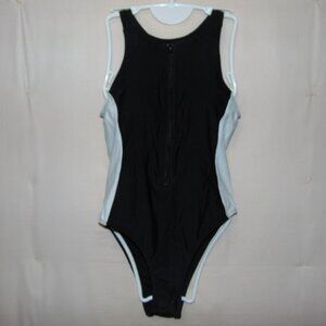 Black Front-Zip Swimsuit with White Sides S